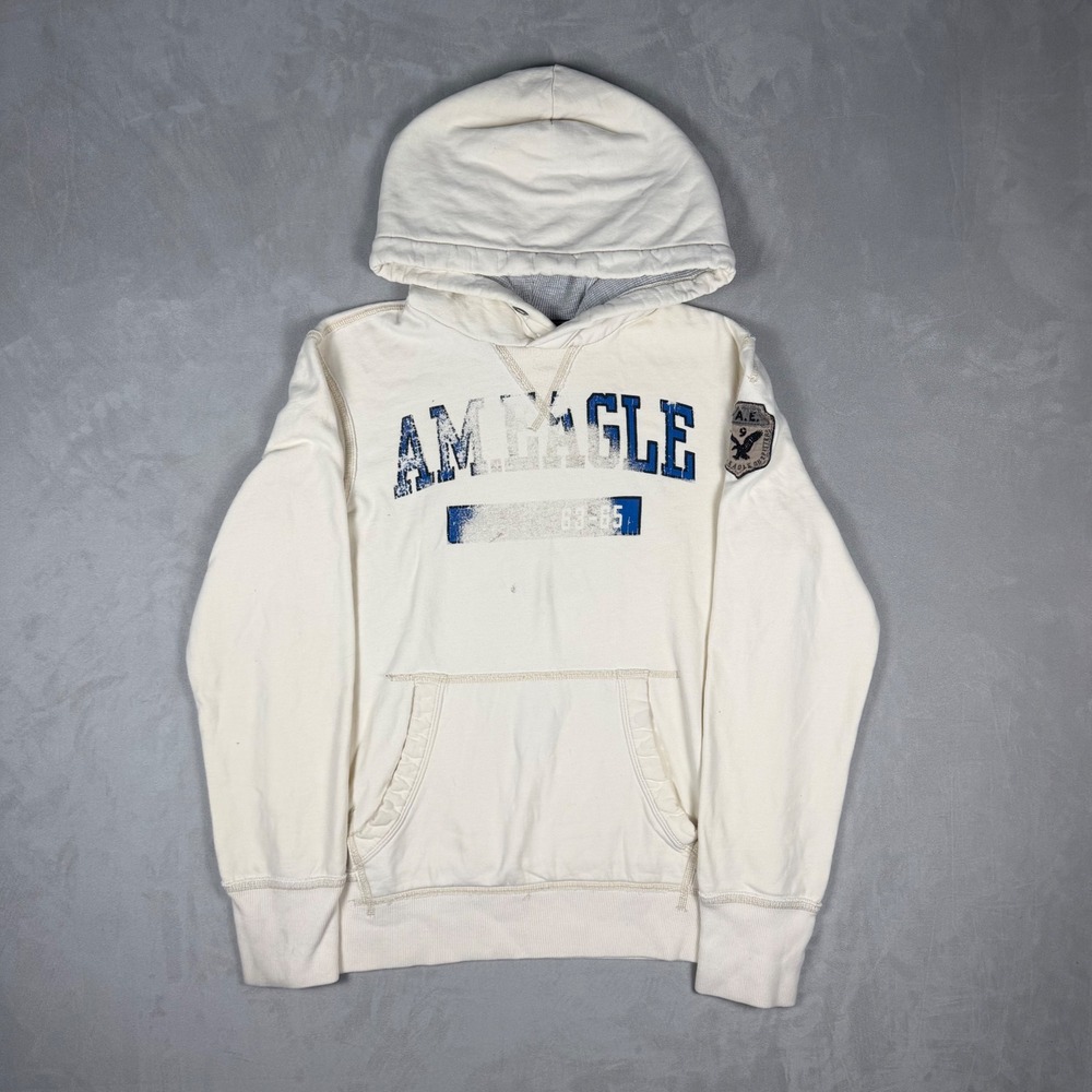 Y2K Mens American Eagle Distressed Collegiate Graphic Hoodie Cream Small